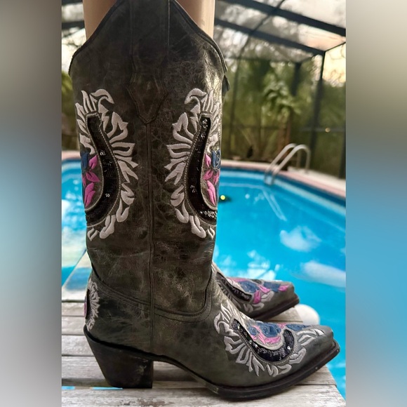 Corral R2523 Horseshoe Rose Flower Embroidery Gray Cowboy Boots Women’s 6.5 - Picture 7 of 10